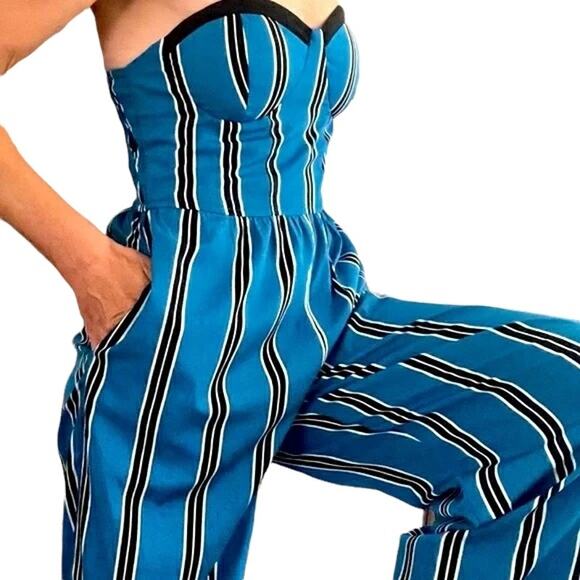 BAND OF GYPSIES Moissanite striped corset wide leg jumpsuit blue black Size XS - Picture 7 of 7